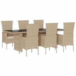 vidaXL Set de masă pentru grădină, 7 piese, cu perne, bej, poliratan