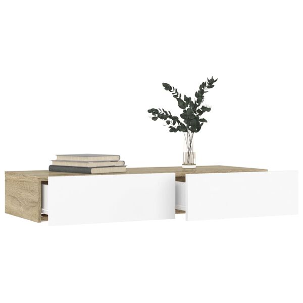 vidaXL Comodă TV cu lumini LED, alb/stejar sonoma, 90x35x15,5 cm