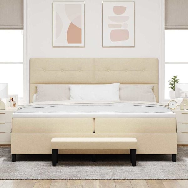 vidaXL Pat cu arcuri cu saltea cu headboard Crem 200 x 200 cm țesătură
