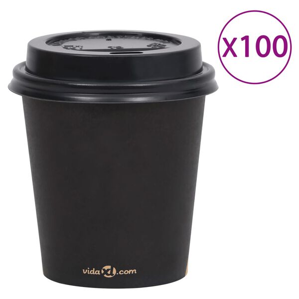 vidaXL Pahare de cafea de h&acirc;rtie cu capace, 100 buc., negru, 200 ml