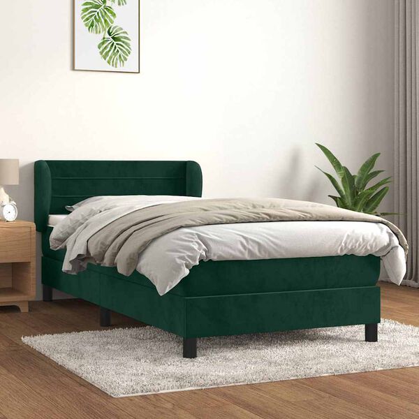 vidaXL Pat box spring cu saltea, verde &icirc;nchis, 100x200 cm, catifea