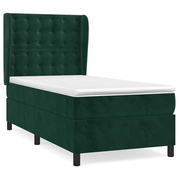 vidaXL Pat box spring cu saltea, verde &icirc;nchis, 90x190 cm, catifea