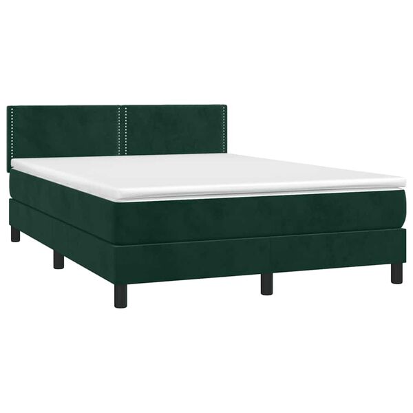 vidaXL Pat box spring cu saltea, verde &icirc;nchis, 140x190 cm, catifea