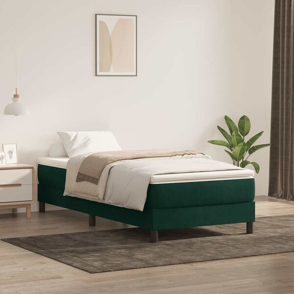 vidaXL Pat box spring cu saltea, verde &icirc;nchis, 100x210 cm, catifea