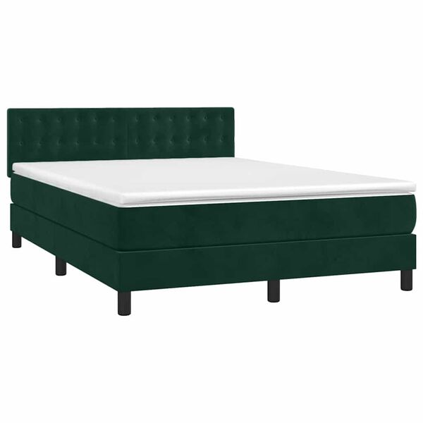 vidaXL Pat box spring cu saltea, verde &icirc;nchis, 140x190 cm, catifea