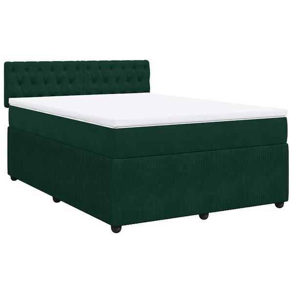 vidaXL Pat box spring cu saltea, verde &icirc;nchis, 140x200 cm, catifea