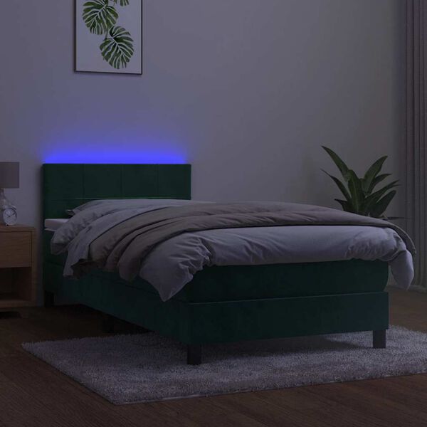 vidaXL Pat cu arcuri, saltea și LED, verde &icirc;nchis, 100x200 cm, catifea