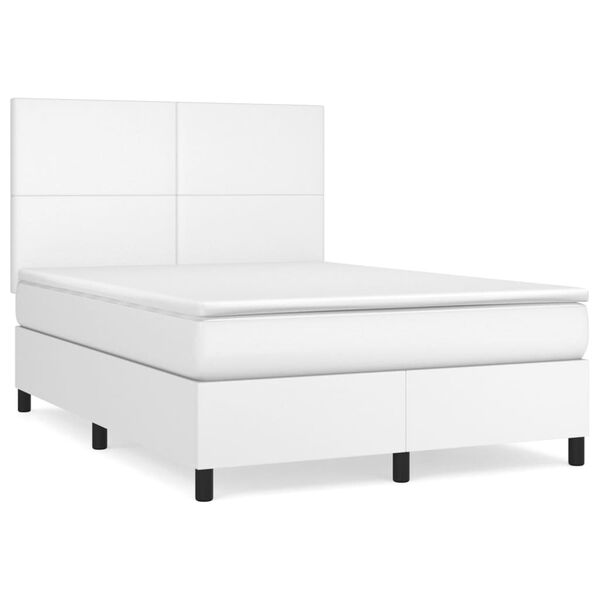 vidaXL Pat box spring cu saltea, alb, 140x200 cm, piele ecologică