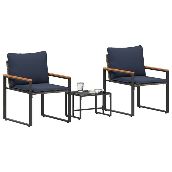 vidaXL Seturi de mobilier cu pernă 3 pcs Gri și albastru marin Ratan