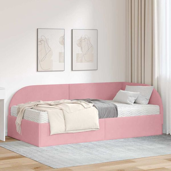 vidaXL Cadru de pat colțar cu saltea cu headboard 2 pcs Roz Catifea