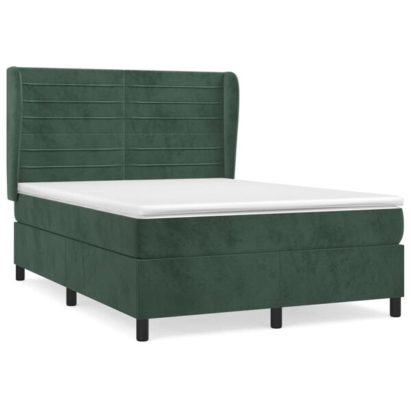 vidaXL Pat box spring cu saltea, verde &icirc;nchis, 140x200 cm, catifea