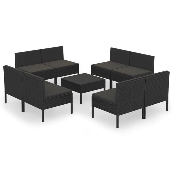 vidaXL Set mobilier de grădină cu perne, 9 piese, negru, poliratan