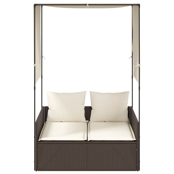 vidaXL Șezlong de plajă dublu cu acoperiș și perdele, maro, poliratan