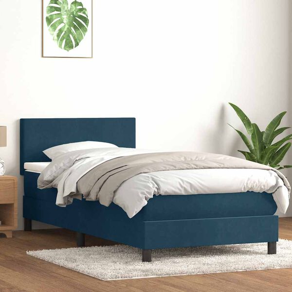 vidaXL Pat box spring cu saltea, albastru &icirc;nchis, 90x220 cm, catifea