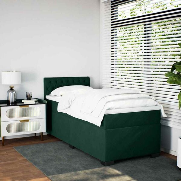 vidaXL Pat box spring cu saltea, verde &icirc;nchis, 100x200 cm, catifea