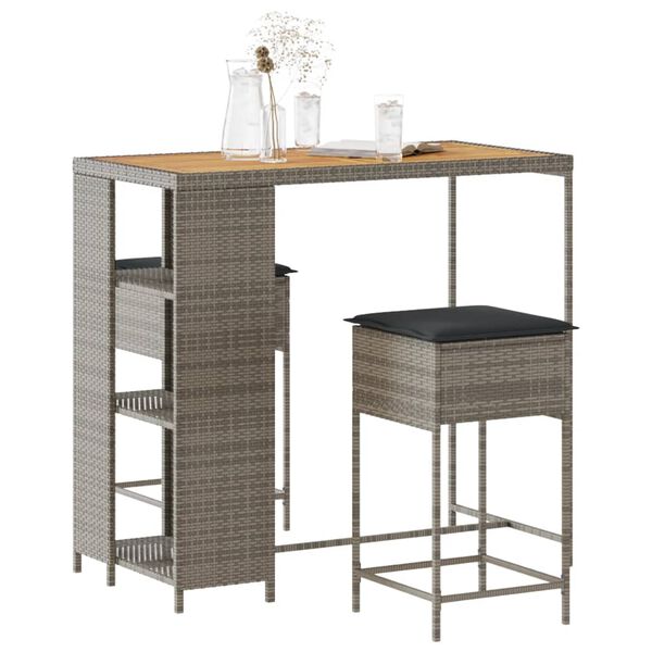 vidaXL Set mobilier bar de grădină, cu perne, 3 piese, gri, poliratan