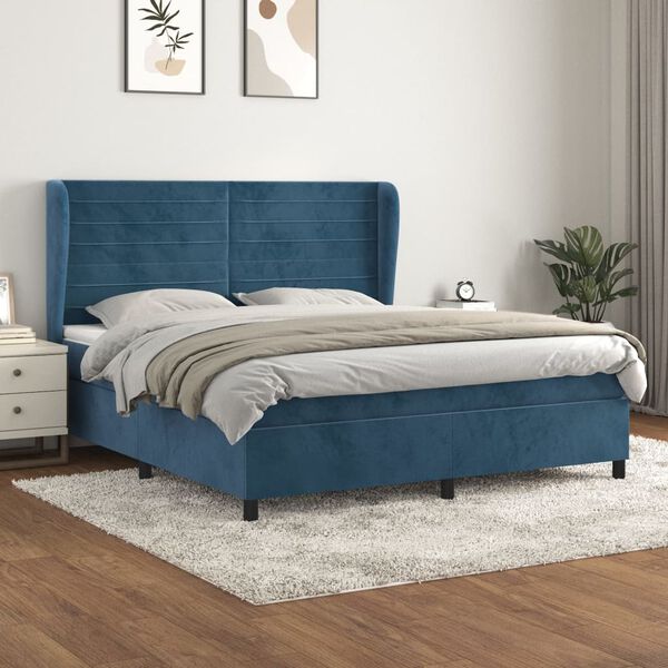 vidaXL Pat box spring cu saltea, albastru &icirc;nchis, 180x200 cm, catifea