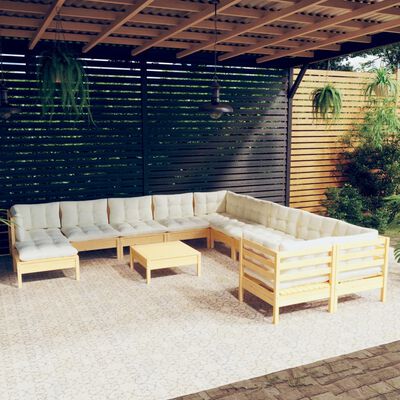 vidaXL Set mobilier grădină cu perne crem, 12 piese, lemn de pin