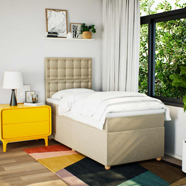 vidaXL Pat box spring cu saltea, crem, 90x190 cm, textil