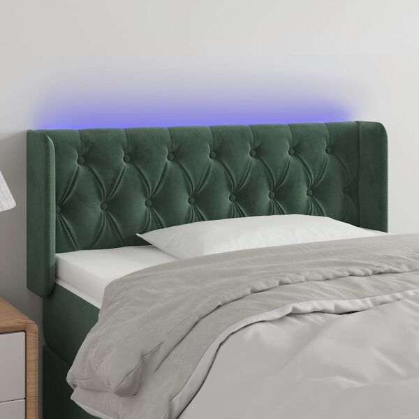 vidaXL Tăblie de pat cu LED, verde &icirc;nchis, 93x16x78/88 cm, catifea