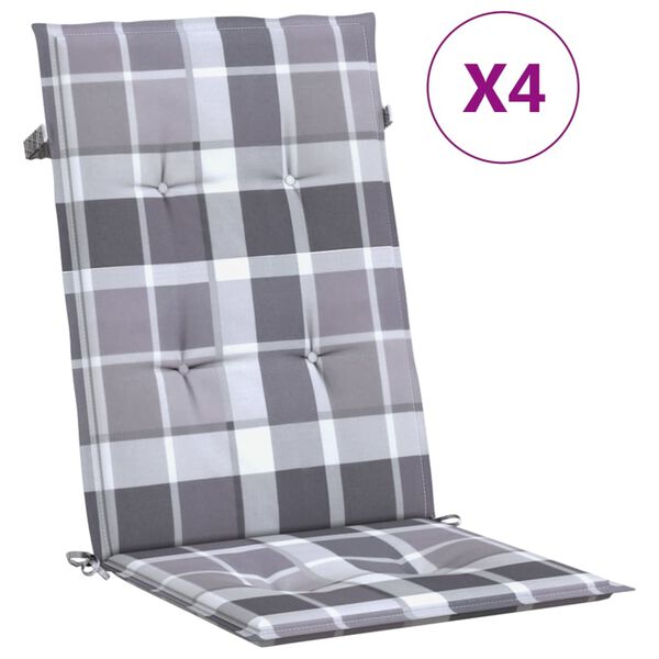 vidaXL Perne scaun spătar &icirc;nalt, 4 buc. gri carouri 120x50x3 cm textil