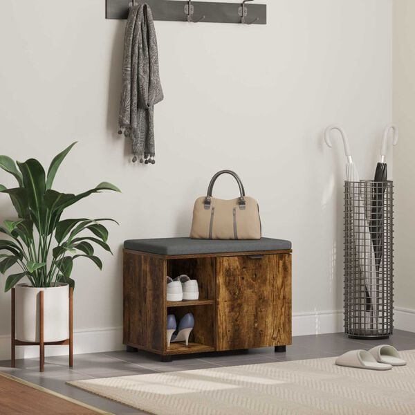 vidaXL Bancă pentru hol cu pernă cu raft Stejar Afumat 60 x 38 x 46 cm