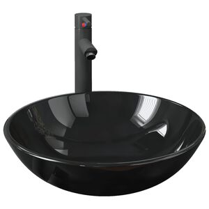 vidaXL Chiuvetă baie, robinet&scurgere tip push, negru, sticlă călită