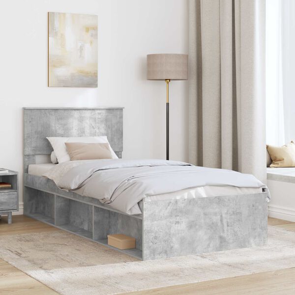 vidaXL Cadru de pat cu headboard Beton 90 x 200 cm Lemn de pin masiv