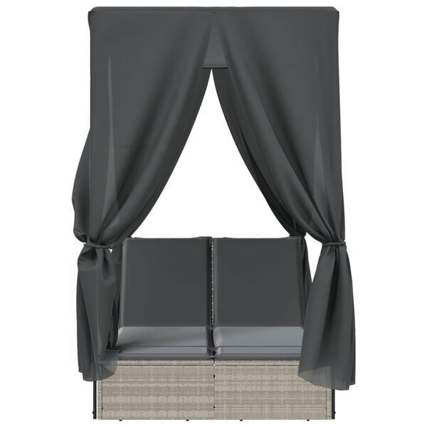 vidaXL Șezlong plajă dublu cu acoperiș perdele, gri deschis, poliratan