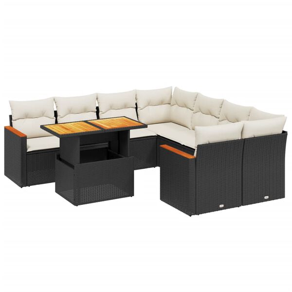 vidaXL Set mobilier de grădină cu perne, 9 piese, negru, poliratan