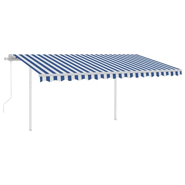 vidaXL Copertină retractabilă automat, cu st&acirc;lpi, albastru&alb, 4x3 m