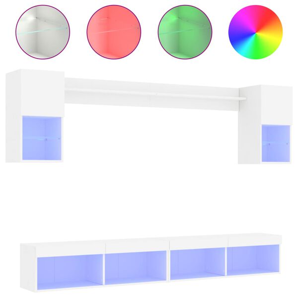 vidaXL Unități de perete TV cu LED-uri, 6 piese, alb, lemn prelucrat