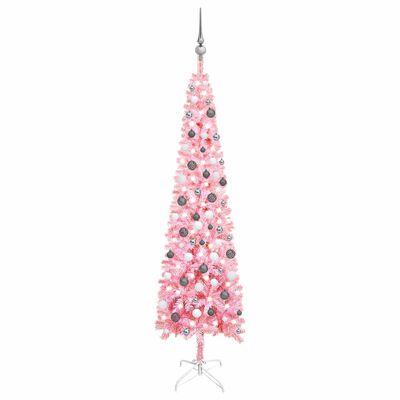 vidaXL Brad de Crăciun pre-iluminat slim, set globuri, roz, 210 cm