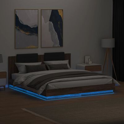 vidaXL Cadru de pat cu tăblie și lumini LED, stejar maro, 160x200 cm