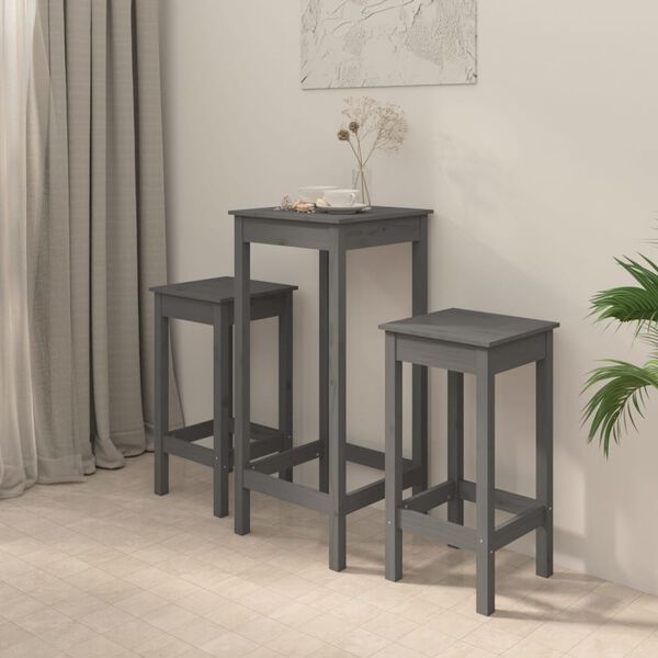 vidaXL Set mobilier de bar, 3 piese, gri, lemn masiv de pin