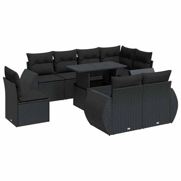 vidaXL Set mobilier de grădină cu perne, 9 piese, negru, poliratan