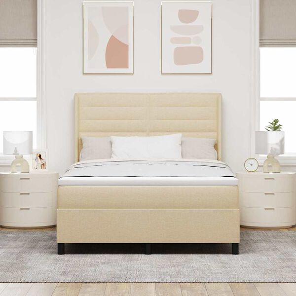 vidaXL Pat cu arcuri cu saltea cu headboard Crem 140 x 190 cm țesătură
