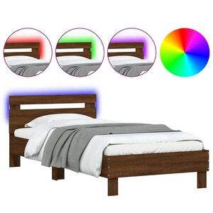 vidaXL Cadru de pat cu tăblie și lumini LED, stejar maro, 100x200 cm