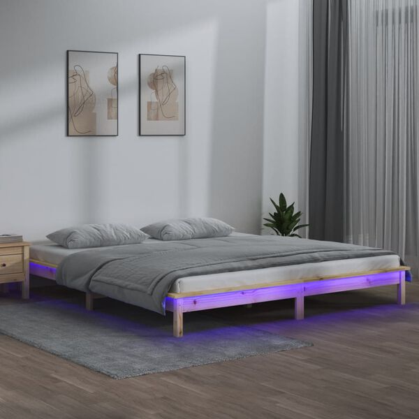 vidaXL Cadru de pat cu LED, 140x190 cm, lemn masiv
