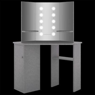 vidaXL Masă de toaletă de colț, cu LED, gri beton, 111x54x141,5 cm
