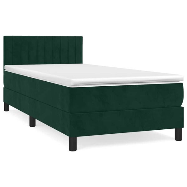 vidaXL Pat box spring cu saltea, verde &icirc;nchis, 90x200 cm, catifea