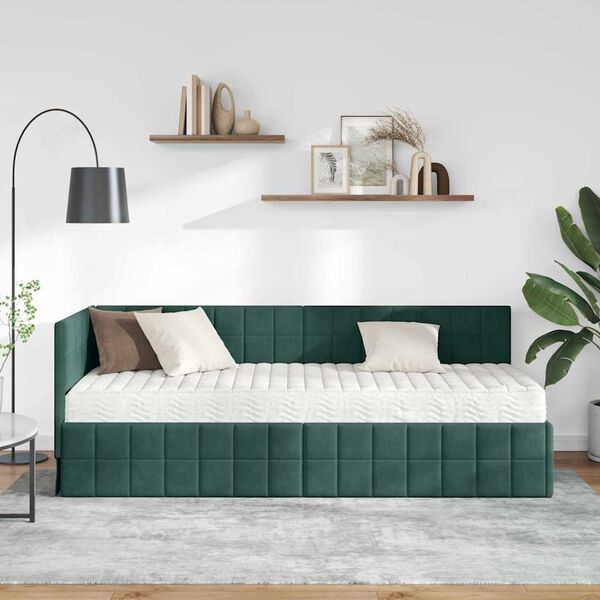 vidaXL Cadru de pat colțar cu saltea cu headboard 2 pcs Verde Catifea