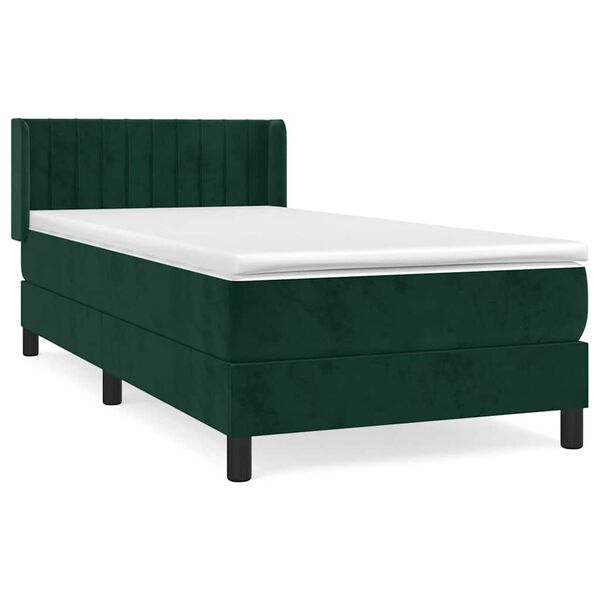 vidaXL Pat box spring cu saltea, verde &icirc;nchis, 90x190 cm, catifea