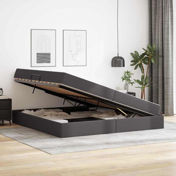 vidaXL Pat cu saltea și spațiu de depozitare cu saltea 2 pcs Gri Piele
