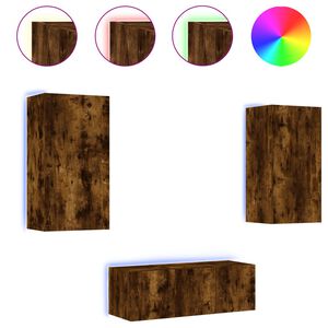 vidaXL Unități de perete TV cu LED-uri, 4 piese, stejar fumuriu, lemn