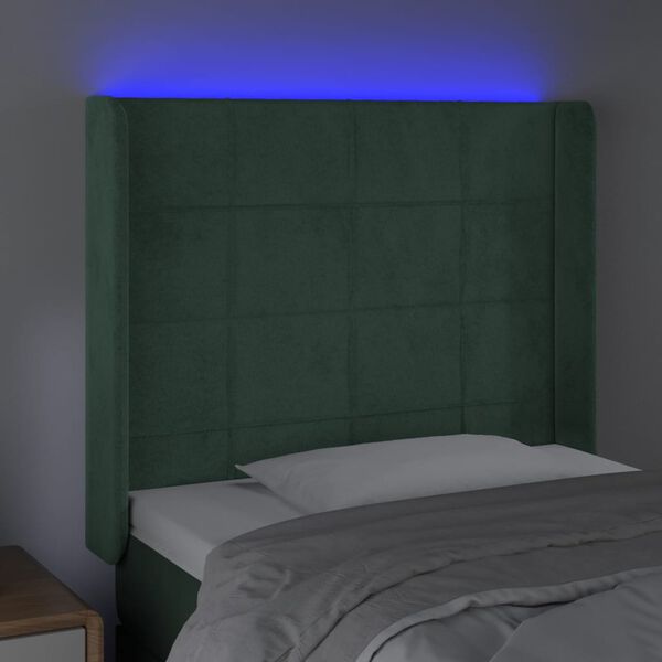 vidaXL Tăblie de pat cu LED, verde &icirc;nchis, 83x16x118/128 cm, catifea