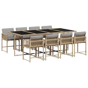 vidaXL Set de masă pentru grădină, 9 piese, cu perne, bej, poliratan