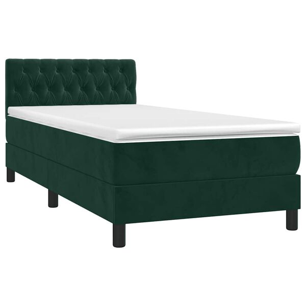 vidaXL Pat box spring cu saltea, verde &icirc;nchis, 90x200 cm, catifea