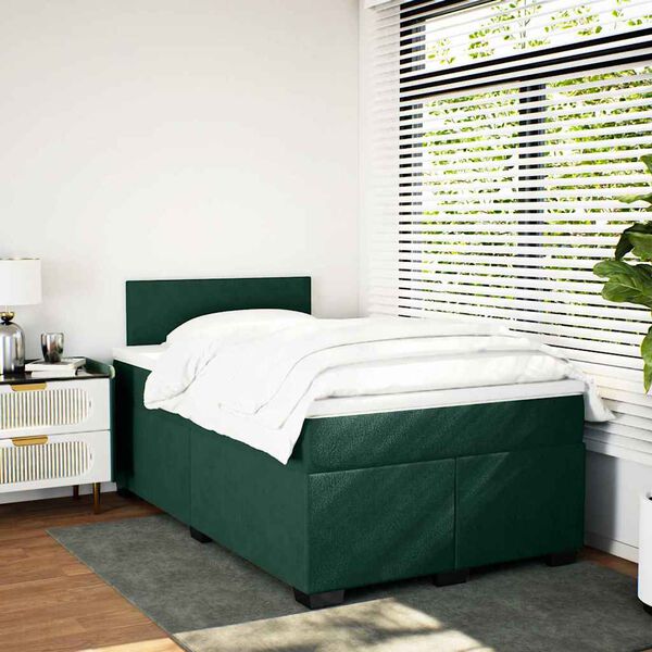 vidaXL Pat box spring cu saltea, verde &icirc;nchis, 120x190 cm, catifea