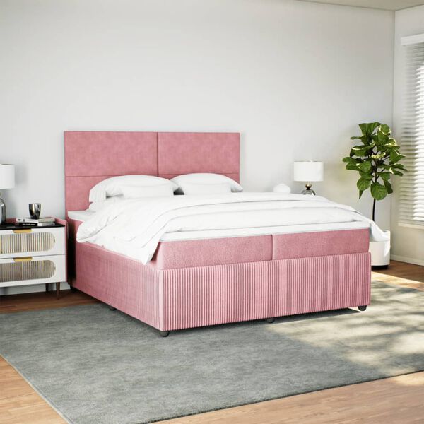 vidaXL Pat box spring cu saltea, roz, 200x200 cm, catifea
